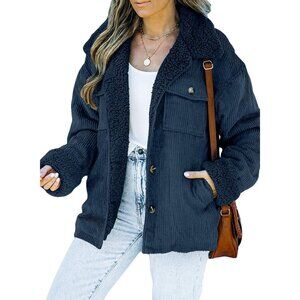 Women's A Blue Jacket Vests Coat Fleece Fur Collar Button Down Winter Warm